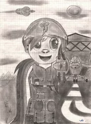 Size: 766x1043 | Tagged: air field, air force, artist:karpiupl, clothes, :d, derpibooru import, f-22 raptor, flight suit, graph paper, helmet, jet fighter, monochrome, mountain, pilot, plane, rainbow dash, safe, sketch, smiling, solo, traditional art, velociraptor, visor