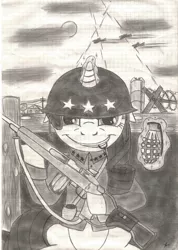 Size: 753x1060 | Tagged: semi-grimdark, artist:karpiupl, derpibooru import, rarity, pony, fight, grenade, gun, levitation, m1 carbine, m1a1 carbine, magic, monochrome, plane, rifle, solo, telekinesis, trench, weapon, world war ii