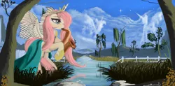 Size: 8907x4372 | Tagged: safe, artist:auroriia, derpibooru import, fluttershy, alicorn, pony, absurd resolution, alicornified, cape, clothes, cloud, cloudy, crown, fence, fluttercorn, musical instrument, princess, race swap, river, saxophone, scenery, solo, stars, tree