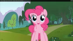 Size: 1366x768 | Tagged: safe, derpibooru import, pinkie pie, double rainboom puppet, looking at you, solo, turnabout storm