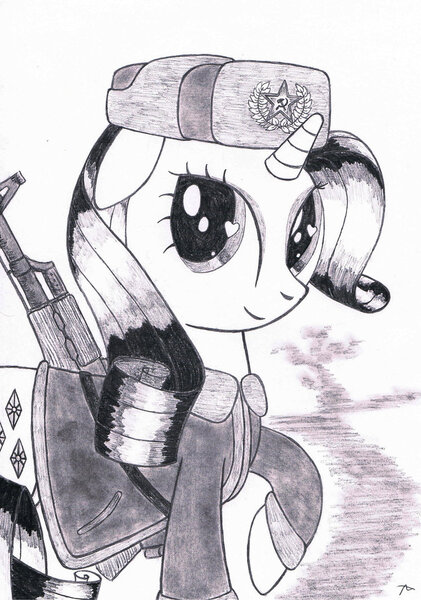 Size: 748x1067 | Tagged: ak-47, artist:karpiupl, assault rifle, clothes, derpibooru import, hat, heart, military, monochrome, rarity, safe, sketch, solo, soviet, uniform, ushanka