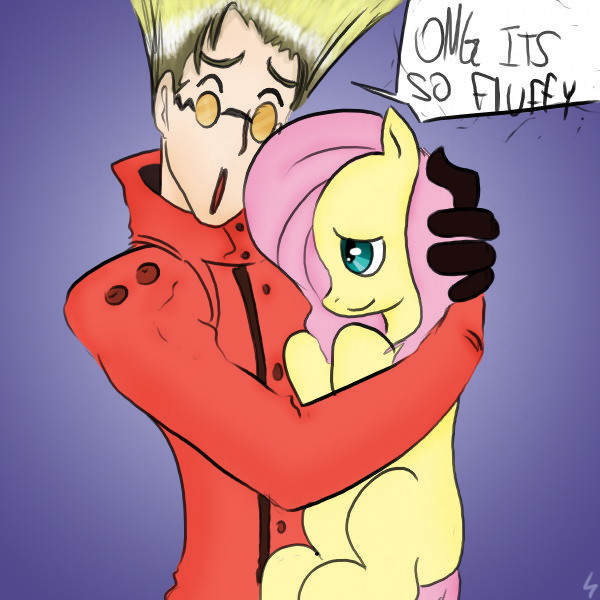 Size: 600x600 | Tagged: artist:apple-07, artist:dariathedevil, colored, crossover, derpibooru import, fluttershy, hug, human, safe, trigun, vash the stampede