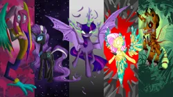 Size: 2560x1440 | Tagged: grimdark, artist:xilenobody143, derpibooru import, applejack, fluttershy, nightmare moon, nightmare rarity, pinkie pie, twilight sparkle, twilight sparkle (alicorn), alicorn, bat pony, bat pony alicorn, changeling, crystal pony, draconequus, insect, pony, unicorn, bad end, changelingified, draconequified, eldritch abomination, evil, female, mare, monster, nightmare fuel, pinkonequus, sombra eyes, spread wings, tail hand, wings