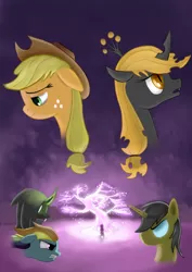 Size: 2480x3507 | Tagged: applejack, artist:plainoasis, brown changeling, bust, changeling, changelingified, changeling queen, derpibooru import, fanfic, fanfic art, fanfic:the irony of applejack, oc, oc:hyacinth, oc:vigil, portrait, poster, rainbow dash, safe