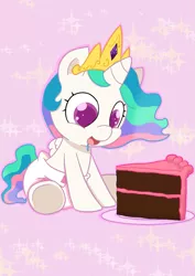 Size: 883x1248 | Tagged: safe, artist:artiecanvas, derpibooru import, princess celestia, pony, baby, baby pony, cake, cakelestia, cewestia, cute, cutelestia, diaper, filly, foal, poofy diaper, solo, weapons-grade cute