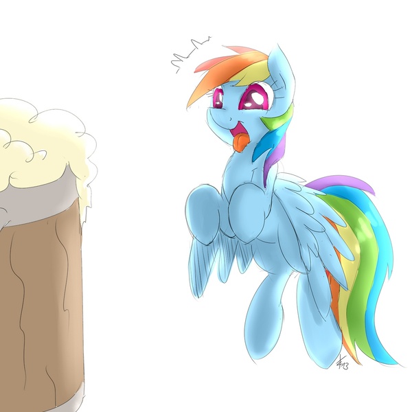 Size: 1280x1280 | Tagged: safe, artist:crade, derpibooru import, rainbow dash, alcoholic, cider, cider dash, dashaholic, dilated pupils, eyes on the prize, flying, happy, open mouth, smiling, solo, spread wings, tongue out