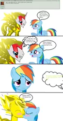 Size: 644x1241 | Tagged: safe, derpibooru import, rainbow dash, oc, alicorn, pegasus, pony, pony creator, alicorn oc, ask, blushing, canon x oc, comic, crying, donut steel, duo, eww, female, kissing, male, mask, ms paint, ohgodwhat, straight, text, wat, why