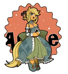 Size: 686x751 | Tagged: safe, artist:umeguru, derpibooru import, applejack, anthro, earth pony, unguligrade anthro, arm hooves, clothes, dress, female, pixiv, solo, swapped cutie marks, what my cutie mark is telling me