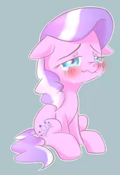 Size: 766x1120 | Tagged: artist:sion, blushing, crying, cute, derpibooru import, diamondbetes, diamond tiara, floppy ears, missing accessory, sad, safe, scrunchy face, sitting, solo, wavy mouth