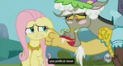 Size: 572x307 | Tagged: derpibooru import, discord, element of kindness, elements of harmony, fluttershy, glasses, granny discord, hub logo, keep calm and flutter on, meme, necklace, politics, safe, screencap, united states, youtube caption