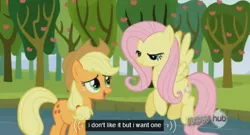 Size: 574x309 | Tagged: safe, derpibooru import, screencap, applejack, fluttershy, keep calm and flutter on, apple, apple tree, hub logo, meme, reaction image, river, tree, water, youtube caption