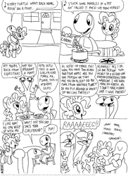 Size: 804x1102 | Tagged: safe, artist:kturtle, derpibooru import, pinkie pie, oc, oc:kinky turtle, anthro, anthro oc, canon x oc, comic, female, male, monochrome, non-mlp oc, shipping, straight