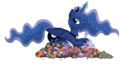 Size: 10692x5828 | Tagged: safe, artist:mysteriouskaos, derpibooru import, princess luna, alicorn, pony, :t, absurd resolution, candy, eating, ethereal mane, glowing horn, magic, nightmare night, prone, simple background, smiling, solo, starry mane, telekinesis, transparent background, vector, wink