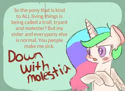 Size: 664x486 | Tagged: safe, artist:ponyaa, derpibooru import, princess celestia, alicorn, pony, doctor who thread, down with molestia, drama, feminism, solo, spiderman thread