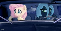 Size: 900x452 | Tagged: safe, artist:sevoohypred, derpibooru import, fluttershy, queen chrysalis, car, driving, horn impalement, mobile phone, night, phone