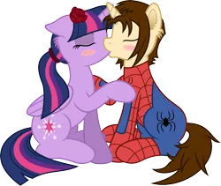 Size: 7104x6000 | Tagged: safe, artist:mactavish1996, artist:moonlight-ki, derpibooru import, twilight sparkle, twilight sparkle (alicorn), ponified, alicorn, pony, .svg available, absurd resolution, blushing, clothes, crack shipping, crossover, crossover shipping, female, kissing, male, mare, peter parker, shipping, simple background, spider-man, spiders and magic: rise of spider-mane, spidertwi, straight, suit, transparent background, vector