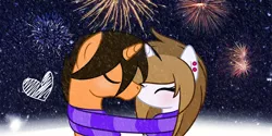 Size: 2000x1000 | Tagged: safe, artist:sandra626, derpibooru import, oc, unofficial characters only, pony, unicorn, blushing, clothes, earring, female, fireworks, freakii, heart, justcola, kissing, male, new year, night, scarf, shared clothing, shared scarf, shipping, snow, snowfall, snowflake, straight, winter
