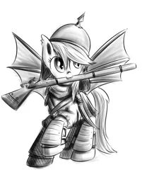 Size: 700x869 | Tagged: safe, artist:xioade, derpibooru import, oc, oc:florence, unofficial characters only, bat pony, pony, analysis, armor, black and white, circassia, circassian, drawfag, grayscale, gun, headcanon, helmet, history, islam, monochrome, mouth hold, musket, olympics, rifle, sochi, soldier, solo, sword, warrior, weapon