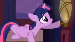 Size: 1280x720 | Tagged: safe, derpibooru import, screencap, twilight sparkle, frog pony, unicorn, over a barrel, anatomy, animation error, hoof hold, lantern, prone, smiling, solo, twilamp, unicorn twilight, wat, what is anatomy, window