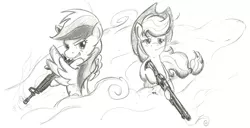 Size: 1148x590 | Tagged: safe, artist:spackle, derpibooru import, applejack, rainbow dash, earth pony, pegasus, pony, ar15, badass, female, food, gun, m4a1, mare, monochrome, mossberg 500, rifle, serious business, shotgun, straw in mouth, wheat