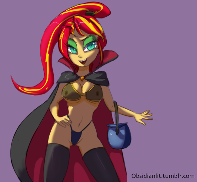 Size: 765x706 | Tagged: artist:onomec, belly button, bikini, breasts, busty sunset shimmer, cape, clothes, female, human, humanized, nipples, nudity, questionable, see-through, solo, solo female, sunset shimmer, swimsuit, thigh highs