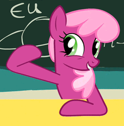 Size: 430x437 | Tagged: safe, derpibooru import, edit, edited screencap, screencap, cheerilee, earth pony, pony, ponyville confidential, animated, chalkboard, cheeribetes, cute, female, grin, loop, mare, open mouth, sideways glance, smiling, solo