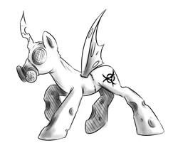 Size: 800x664 | Tagged: safe, artist:xioade, derpibooru import, queen chrysalis, changeling, changeling queen, /mlp/, 4chan, biohazard, drawthread, female, gas mask, hazmat suit, image, monochrome, png, raised hoof, simple background, sketch, solo, white background