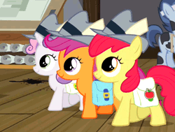 Size: 632x478 | Tagged: safe, derpibooru import, screencap, apple bloom, scootaloo, shady daze, sweetie belle, earth pony, pegasus, pony, unicorn, ponyville confidential, adorabloom, animated, cute, cutealoo, cutie mark crusaders, diasweetes, female, filly, gif, hat, press card, saddle bag, the killer exclusive