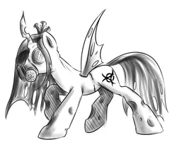 Size: 800x664 | Tagged: safe, alternate version, artist:xioade, derpibooru import, queen chrysalis, changeling, changeling queen, /mlp/, 4chan, biohazard, drawthread, female, gas mask, hazmat suit, image, monochrome, png, raised hoof, simple background, sketch, solo, white background