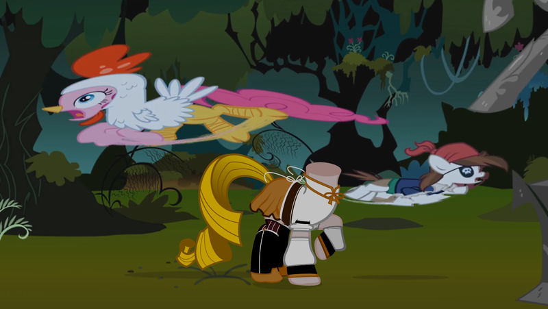 Size: 1914x1080 | Tagged: safe, derpibooru import, edit, edited screencap, screencap, pinkie pie, pipsqueak, earth pony, headless horse, pony, luna eclipsed, animal costume, chicken pie, chicken suit, clothes, colt, costume, headless, male, mami tomoe, nightmare night costume, pirate costume, puella magi madoka magica, solo