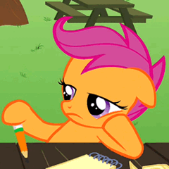 Size: 250x250 | Tagged: safe, derpibooru import, screencap, scootaloo, pegasus, pony, ponyville confidential, animated, bored, cropped, female, filly, floppy ears, hoof on chin, juxtaposition bait, pencil, solo