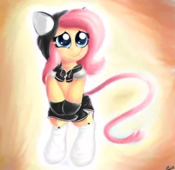 Size: 1380x1335 | Tagged: safe, artist:j151, derpibooru import, fluttershy, pony, bipedal, blushing, cat ears, cat hoodie, cat tail, clothes, cute, fluttercat, garter, hoodie, shyabetes, skirt, smiling, solo, stockings