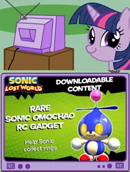 Size: 366x485 | Tagged: safe, derpibooru import, twilight sparkle, exploitable meme, image, meme, obligatory pony, omochao, png, sonic lost world, sonic the hedgehog, sonic the hedgehog (series), tv meme, twiface