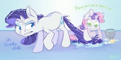 Size: 2592x1284 | Tagged: safe, artist:graystripe64, derpibooru import, rarity, sweetie belle, pony, unicorn, bucket, cleaning, cutie mark, dialogue, duo, female, image, jpeg, scrubbing, smiling, soap, soap bubble, sweetie fail, sweetiedumb, tail, tail pull, unamused