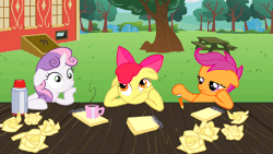 Size: 960x540 | Tagged: animated, apple bloom, bored, cinemagraph, coffee, coffee mug, cutie mark crusaders, derpibooru import, floppy ears, hoof on chin, looking up, loop, mug, notepad, paper, pencil, pondering, ponyville confidential, safe, scootaloo, screencap, squishy cheeks, sweetie belle, table, thinking, thousand yard stare