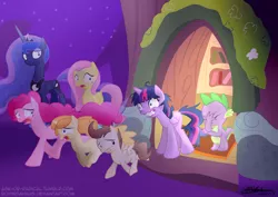 Size: 3507x2480 | Tagged: safe, artist:boyindahaus, derpibooru import, fluttershy, pinkie pie, pound cake, princess luna, pumpkin cake, twilight sparkle, twilight sparkle (alicorn), alicorn, pony, cake twins, door, eyes closed, facepalm, female, frown, grin, gritted teeth, mare, messy mane, open mouth, running, scared, smiling, twilight snapple, wide eyes