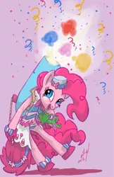 Size: 422x650 | Tagged: anthro, artist:atryl, belly button, clothes, confetti, cute, derpibooru import, diapinkes, dress, gala dress, gummy, midriff, panties, partillery, party cannon, pinkie pie, safe, underwear, unguligrade anthro