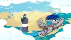 Size: 1920x1080 | Tagged: safe, artist:pepooni, derpibooru import, oc, unofficial characters only, pegasus, pony, flying, lighthouse, male, solo, stallion, swift flying