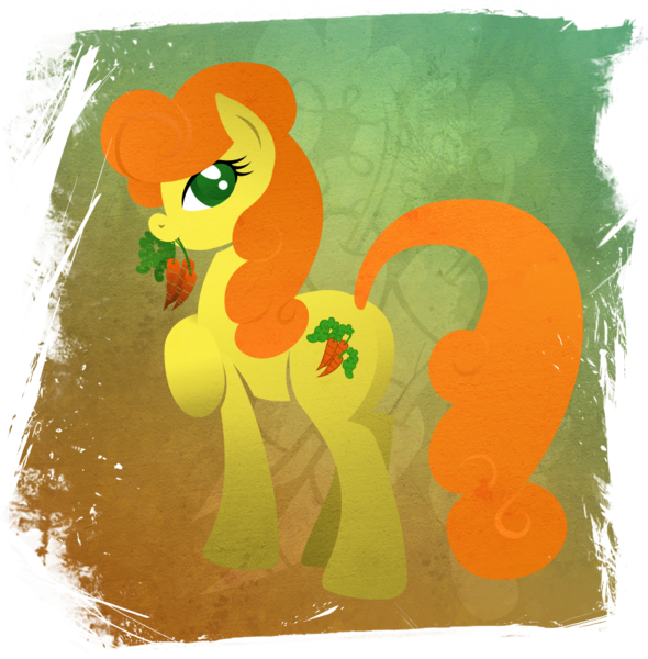 Size: 901x916 | Tagged: safe, artist:rariedash, derpibooru import, carrot top, golden harvest, earth pony, pony, carrot, cutie mark, cutie mark background, female, goldenbutt, hooves, lineless, mare, mouth hold, plot, solo