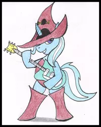 Size: 520x651 | Tagged: safe, artist:rdk, derpibooru import, trixie, pony, unicorn, clothes, crossover, female, guilty gear, guitar, hat, hilarious in hindsight, i-no, mare, solo, traditional art