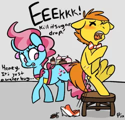 Size: 790x758 | Tagged: safe, artist:mt, derpibooru import, carrot cake, cup cake, cockroach, earth pony, insect, pony, dialogue, entomophobia, female, gray background, husband and wife, male, mare, scared, simple background, stallion, stool, the cakes