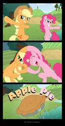 Size: 1654x3208 | Tagged: safe, artist:hendocrinogeno, derpibooru import, applejack, pinkie pie, earth pony, pony, apple pie, comic, dragon ball z, female, food transformation, fusion, fusion dance, inanimate tf, mare, pie, pun, transformation