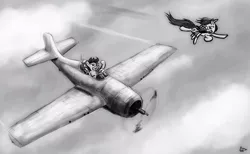 Size: 900x556 | Tagged: artist:sevoohypred, flying, monochrome, plane, rainbow dash, safe, scootaloo, scootaloo can fly, scootalove