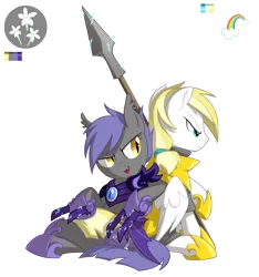 Size: 3000x3200 | Tagged: safe, artist:equestria-prevails, derpibooru import, oc, oc:cloud skipper, oc:midnight blossom, unofficial characters only, bat pony, pony, armor, cloudblossom, cute, cute little fangs, duo, female, male, night guard, simple background, solar guard, spear, straight, transparent background