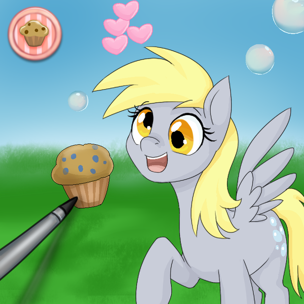 Size: 750x750 | Tagged: safe, artist:jitterbugjive, derpibooru import, derpy hooves, ponified, pegasus, pony, lovestruck derpy, 3ds, bubble, cute, drawing, female, food, fourth wall, happy, heart, mare, muffin, nintendo, parody, pokémon, pokémon amie, pokémon x and y, solo, stylus, video game