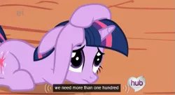 Size: 571x310 | Tagged: derpibooru import, ei, hubble, hub logo, meme, safe, screencap, solo, the hub, the ticket master, twilight sparkle, youtube caption