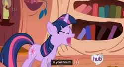 Size: 570x309 | Tagged: derpibooru import, ei, hubble, hub logo, meme, mouth, safe, screencap, solo, the ticket master, twilight sparkle, yelling, youtube caption