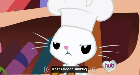 Size: 571x308 | Tagged: angel bunny, chef's hat, cook, derpibooru import, disturbing, ei, hat, hubble, hub logo, meme, rabbit, safe, screencap, the hub, the ticket master, youtube caption