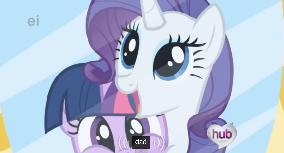 Size: 574x310 | Tagged: dad, derpibooru import, ei, father, hubble, hub logo, meme, mirror, rarity, safe, screencap, the hub, the ticket master, twilight sparkle, youtube caption