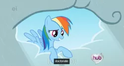 Size: 573x308 | Tagged: cloud, cloudy, derpibooru import, doctorate, ei, hub logo, light, meme, rain, rainbow dash, raincloud, safe, screencap, solo, sunshine, the ticket master, weather, youtube caption